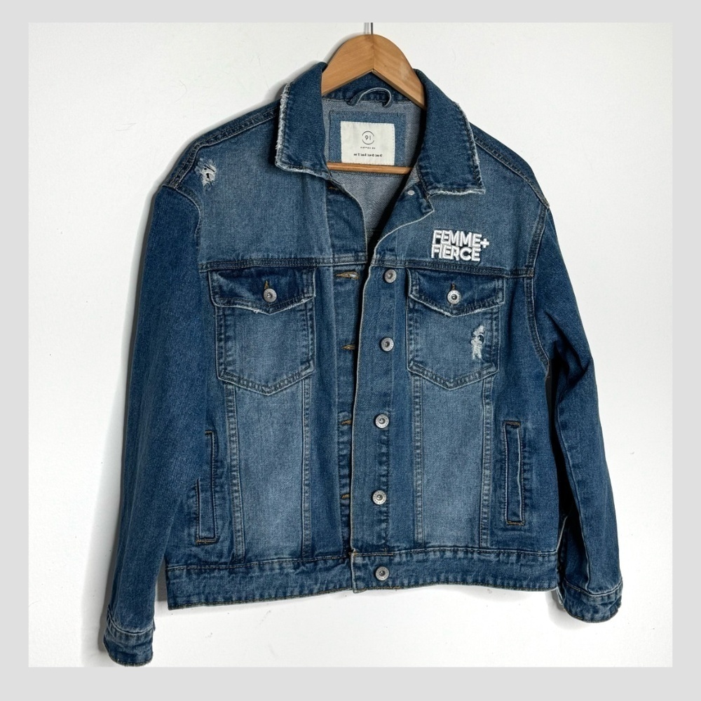NEW Cotton On Denim Jacket Femme Fierce Graphic Worn In Statement Denim Jacket - Picture 12 of 15